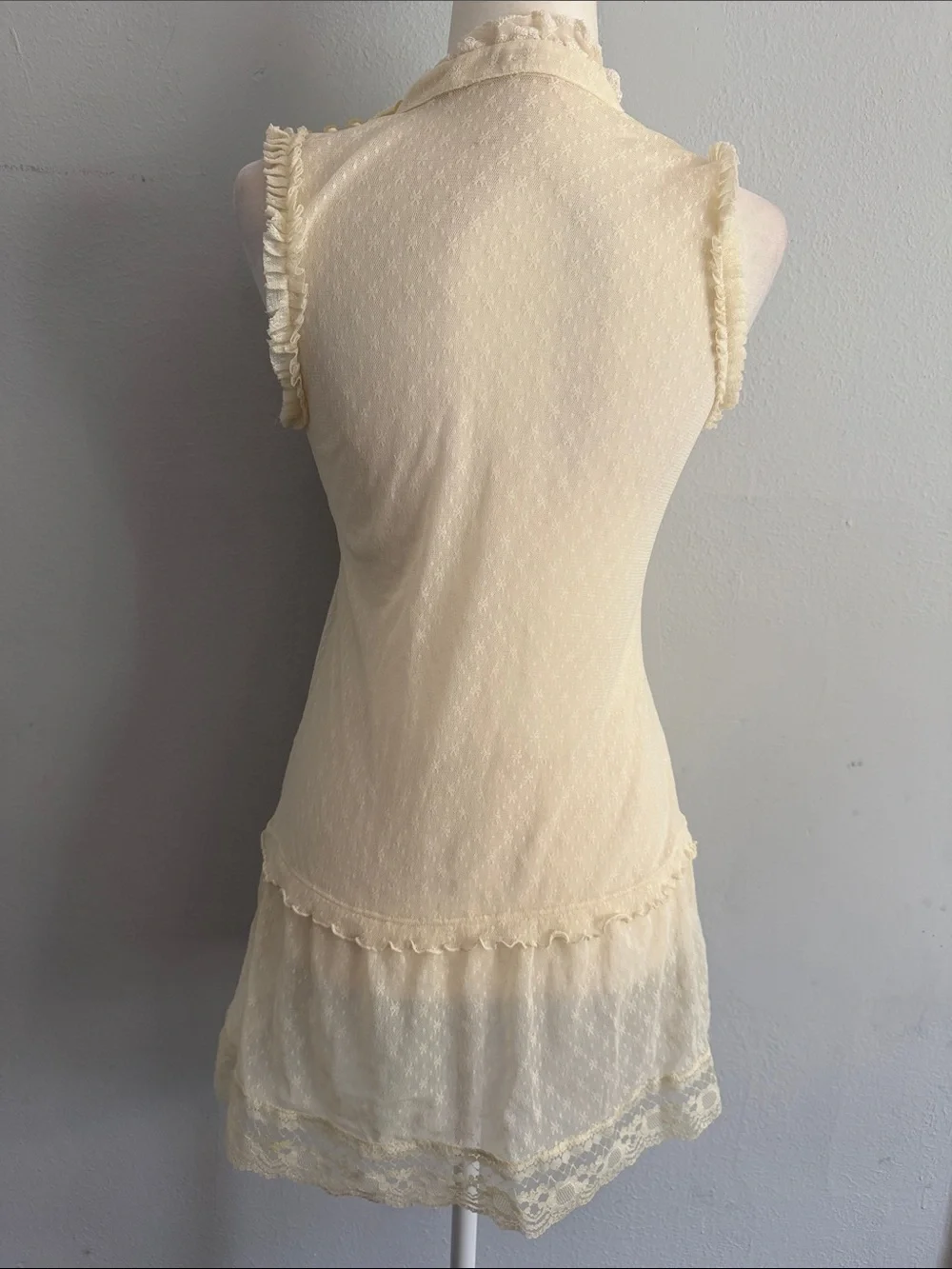 Free People Cream Sheer Lace Ruffle Mini Dress - Size S